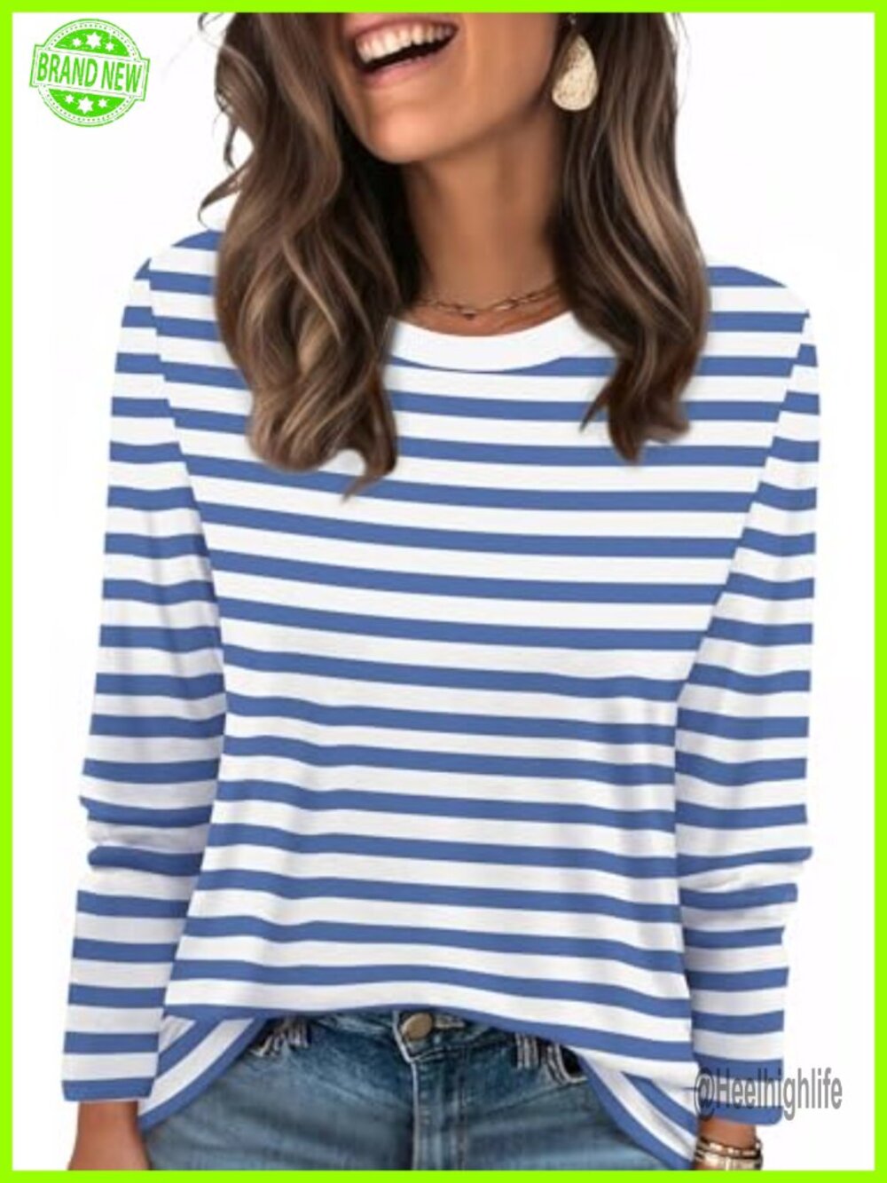 Womens Ribbed Crewneck Long Sleeve Striped T-Shirt Casual Fall Top